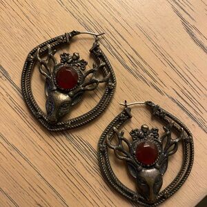 Bronze/Antique Gold Deer Head Earrings with Red Gem